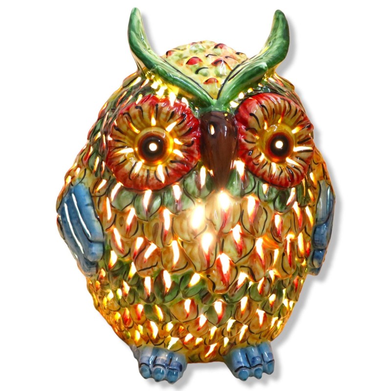 Eulenlampe aus Caltagirone-Keramik, perforiert und mehrfarbiges Gefieder, zwei Größenoptionen (1 Stück) - 