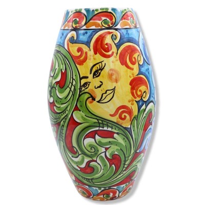Caltagirone-Keramikvase, Barockdekor, Sonne, Wagenrad und Feigenkaktusschaufel, ca. 30 cm hoch. - 