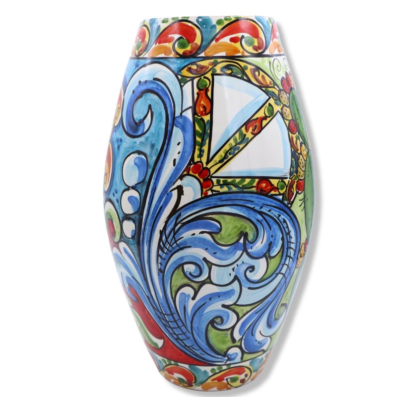 Caltagirone-Keramikvase, Barockdekor, Sonne, Wagenrad und Feigenkaktusschaufel, ca. 30 cm hoch. - 