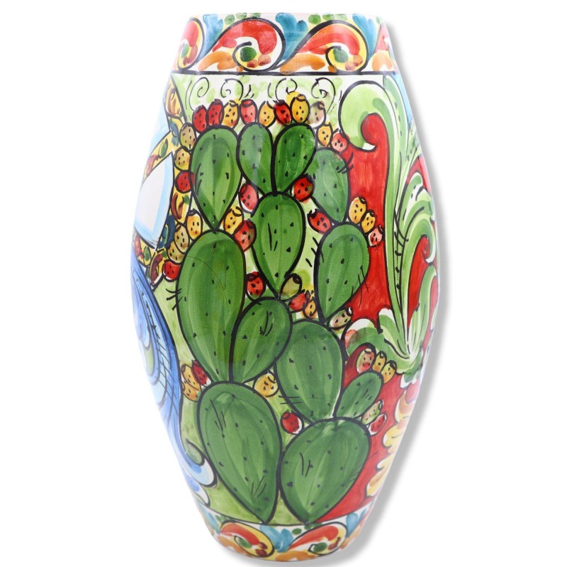 Caltagirone-Keramikvase, Barockdekor, Sonne, Wagenrad und Feigenkaktusschaufel, ca. 30 cm hoch. - 