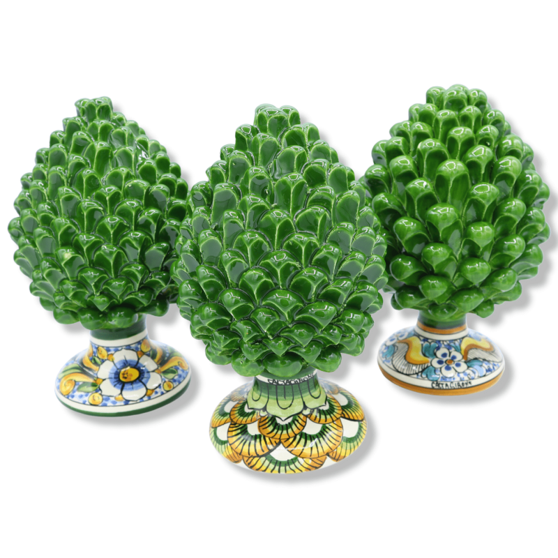 Sicilian ceramic pine cone from Caltagirone, Forest Green color with decorated stem, random stem decoration - (1pc) h 20