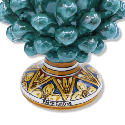 Pinha de cerâmica siciliana de Caltagirone, h aprox. 20/22 cm. (1 unidade) Pinceladas Verdigris com haste de decoração a
