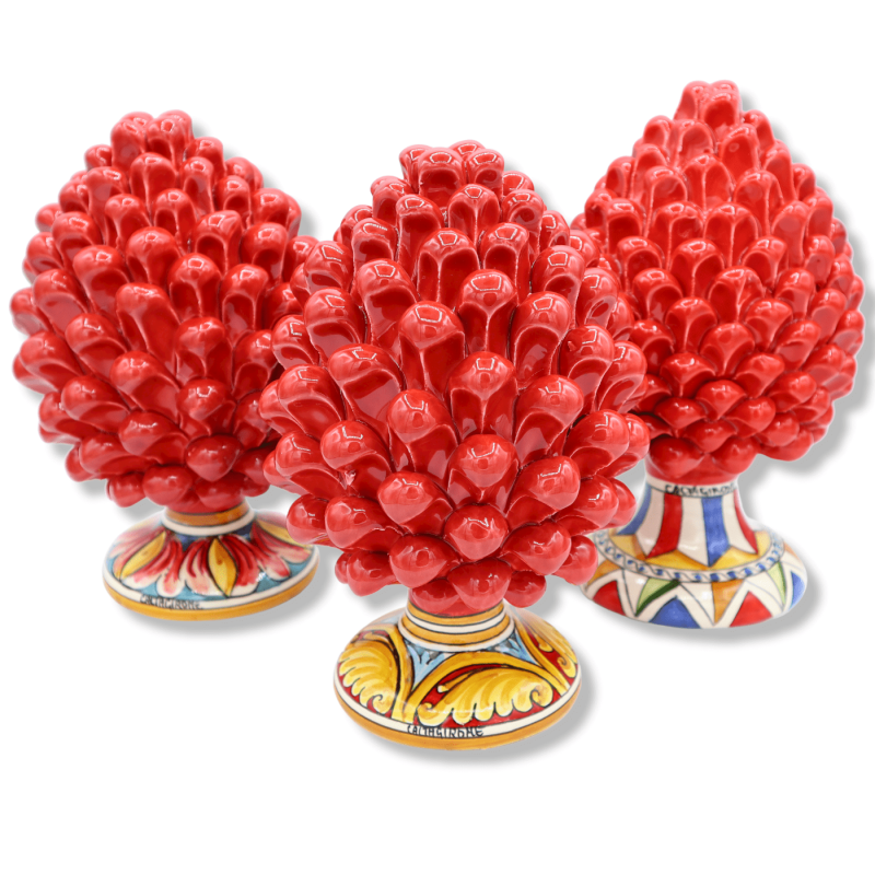 Pomme de pin sicilienne en céramique de Caltagirone, couleur rouge avec tige décorée, décoration de tige aléatoire - (1p