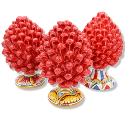 Piña de pino de cerámica siciliana de Caltagirone, altura aprox. (1 pieza) Rojo con tallo decorativo aleatorio - 