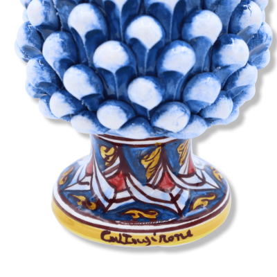 Sicilian pine cone in Caltagirone ceramic, h 15 cm (1 unit), antique blue colour, decorated stem, random stem decoration