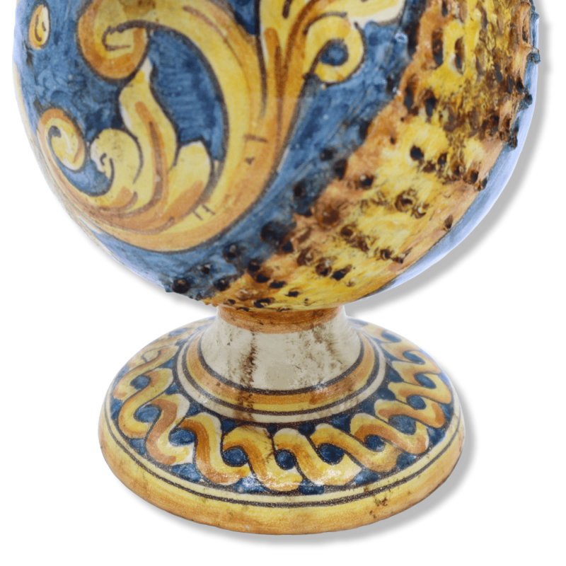 Putto on a Caltagirone ceramic sphere, baroque decoration on a blue background, antique opaque enamel - Height about 30 