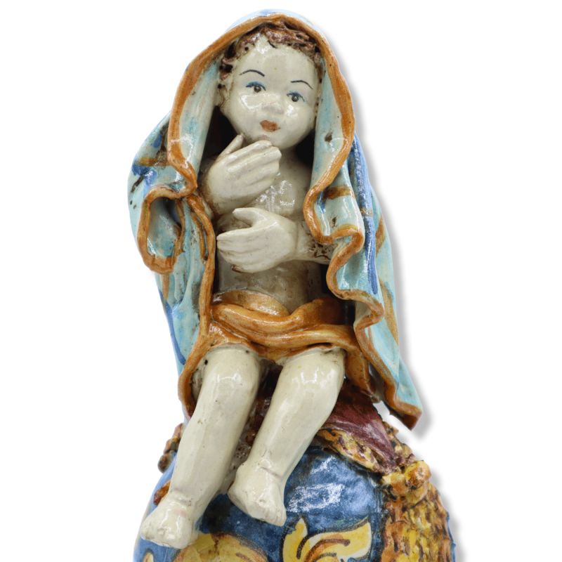 Putto on a Caltagirone ceramic sphere, baroque decoration on a blue background, antique opaque enamel - Height about 30 