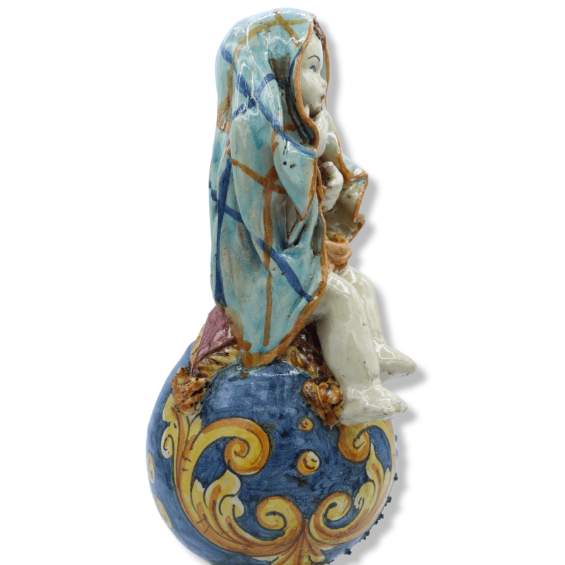 Putto on a Caltagirone ceramic sphere, baroque decoration on a blue background, antique opaque enamel - Height about 30 