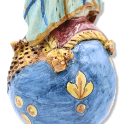 Putto on a Caltagirone ceramic sphere, baroque decoration on a blue background, antique opaque enamel - Height about 30 