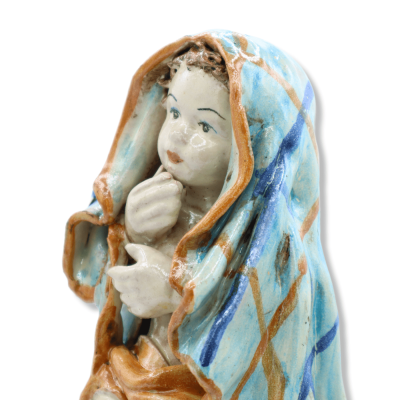 Putto on a Caltagirone ceramic sphere, baroque decoration on a blue background, antique opaque enamel - Height about 30 