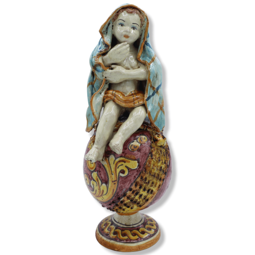 Putto sobre esfera de cerámica Caltagirone, decoración barroca sobre fondo rojo, esmalte antiguo opaco - Altura unos 30 
