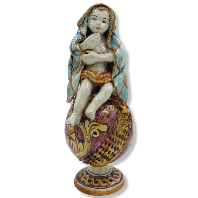 Putto sobre esfera de cerámica Caltagirone, decoración barroca sobre fondo rojo, esmalte antiguo opaco - Altura unos 30 