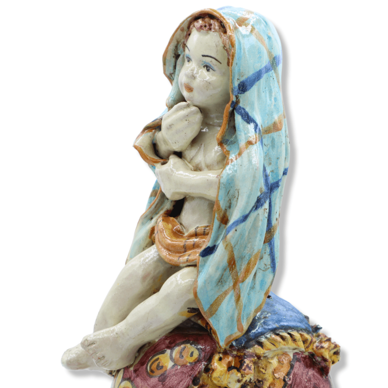 Putto sobre esfera de cerámica Caltagirone, decoración barroca sobre fondo rojo, esmalte antiguo opaco - Altura unos 30 