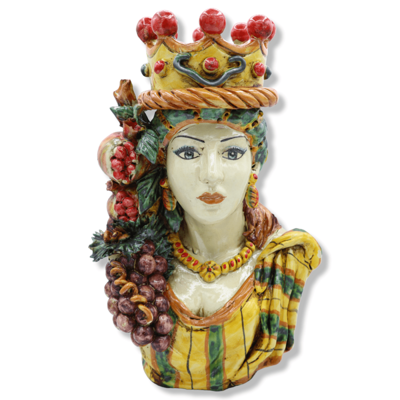 Buste de femme en céramique de Caltagirone avec couronne, raisins et grenade, environ h 30 cm. Mod SCR - 