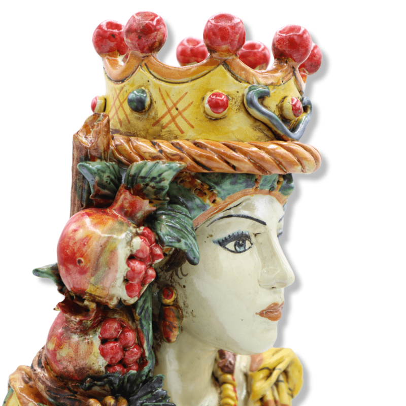 Buste de femme en céramique de Caltagirone avec couronne, raisins et grenade, environ h 30 cm. Mod SCR - 