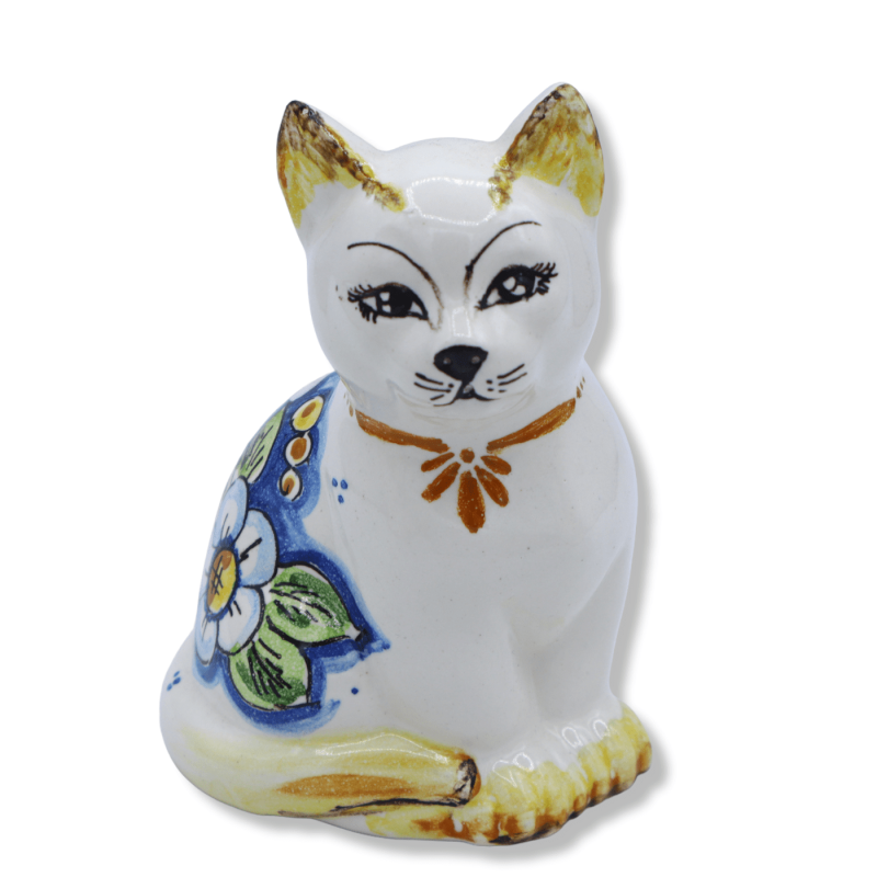 Chat en céramique Caltagirone, décoration florale sur fond blanc, en différentes tailles, Mod BR - 