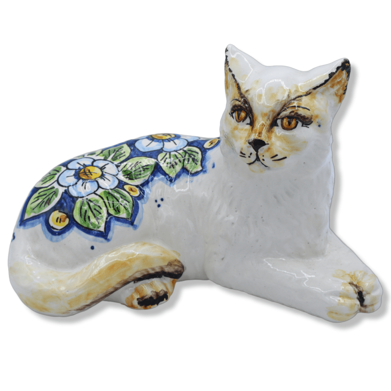 Gato de cerámica Caltagirone, decoración floral sobre fondo blanco, en varios tamaños, Mod BR - 