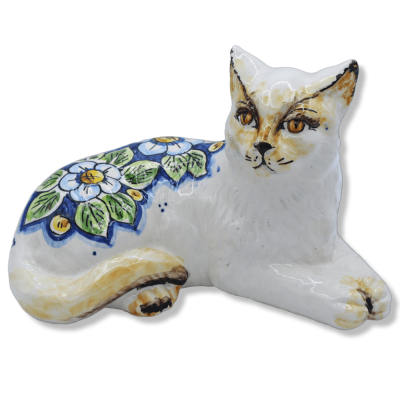 Gato de cerámica Caltagirone, decoración floral sobre fondo blanco, en varios tamaños, Mod BR - 