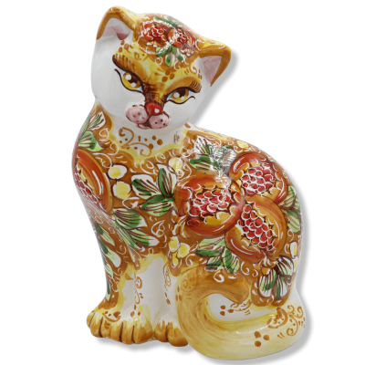 Gato de cerâmica Caltagirone, decoração de romã sobre fundo laranja e branco, altura aproximada de 30 cm. Mod BR - 