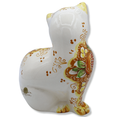 Keramisk katt av Caltagirone, decoro Melograno på orange och vit bakgrund, höjd 30 cm ca. BR - 