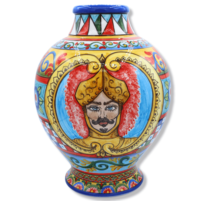 Vase aus feiner Caltagirone-Keramik, sizilianische Karrendekoration mit Darstellung eines Paladins, Durchmesser ca. 25 c