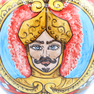 Vase aus feiner Caltagirone-Keramik, sizilianische Karrendekoration mit Darstellung eines Paladins, Durchmesser ca. 25 c