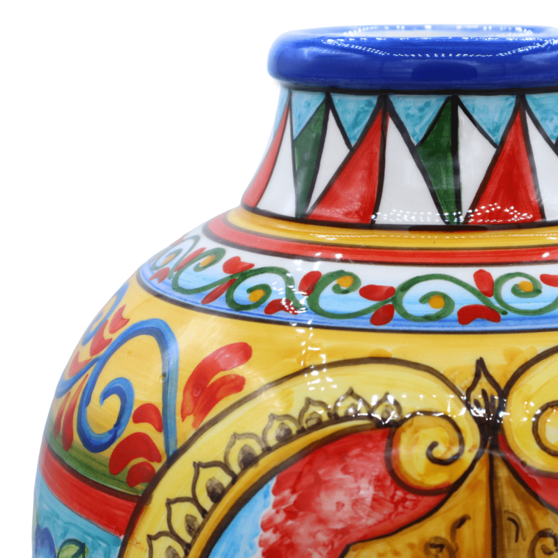 Vase aus feiner Caltagirone-Keramik, sizilianische Karrendekoration mit Darstellung eines Paladins, Durchmesser ca. 25 c