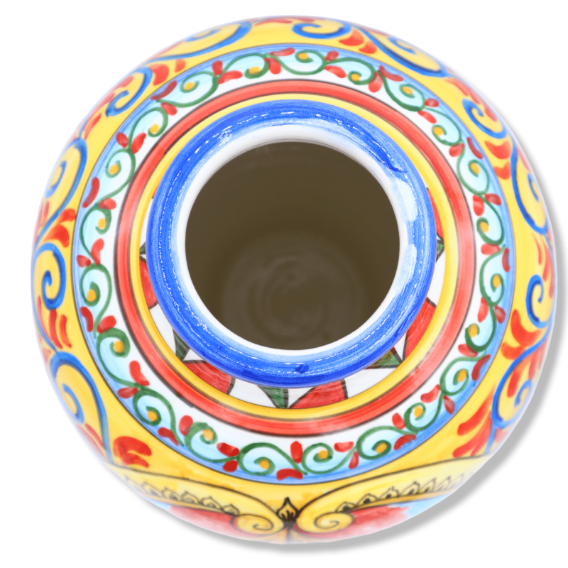 Vase aus feiner Caltagirone-Keramik, sizilianische Karrendekoration mit Darstellung eines Paladins, Durchmesser ca. 25 c