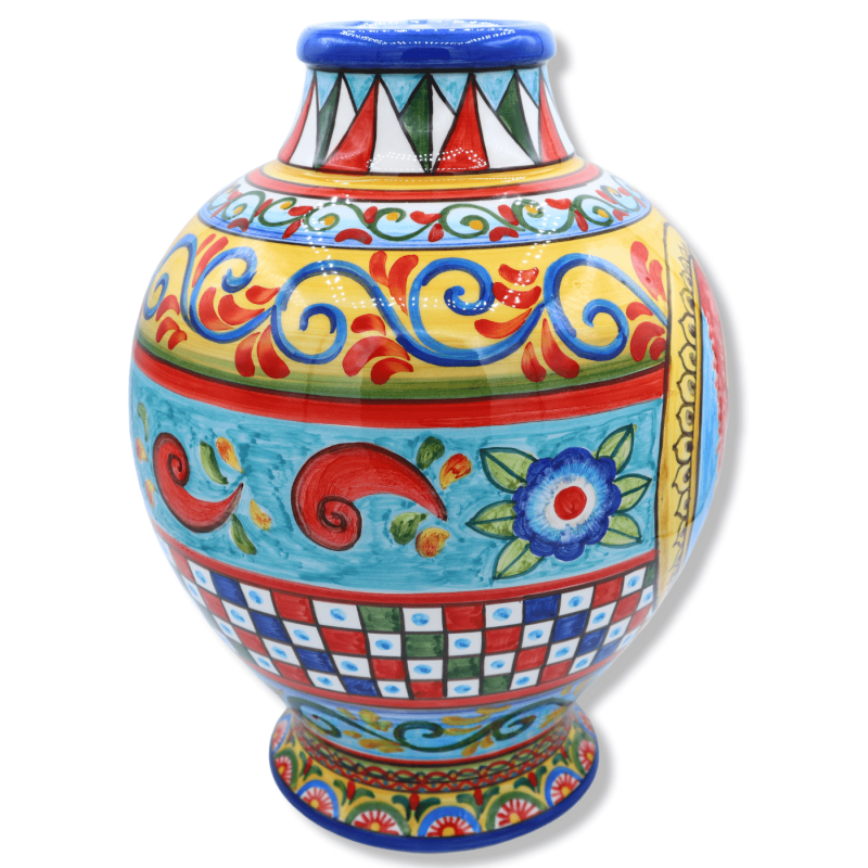 Vase aus feiner Caltagirone-Keramik, sizilianische Karrendekoration mit Darstellung eines Paladins, Durchmesser ca. 25 c