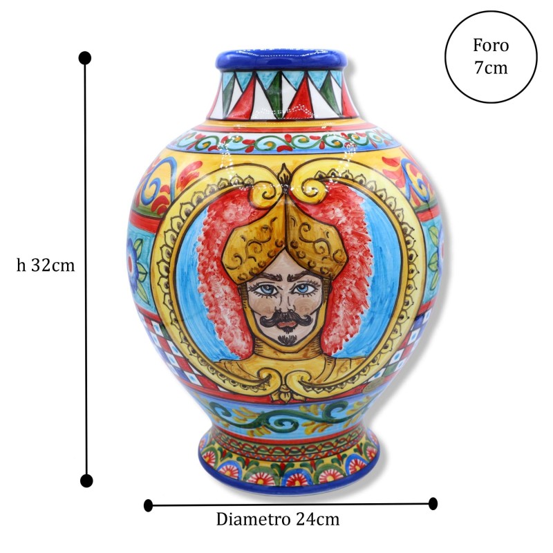 Vase aus feiner Caltagirone-Keramik, sizilianische Karrendekoration mit Darstellung eines Paladins, Durchmesser ca. 25 c