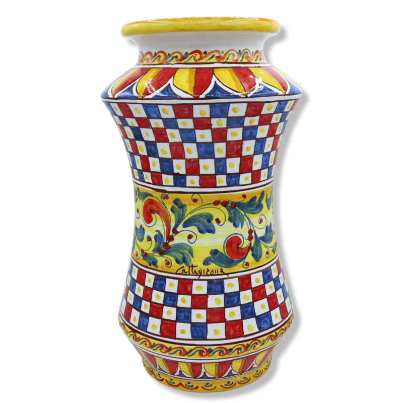 Jarrón Albarello en fina cerámica Caltagirone, decoración carro siciliano y ajedrez, h35x20 cm aprox. Modo CH - 
