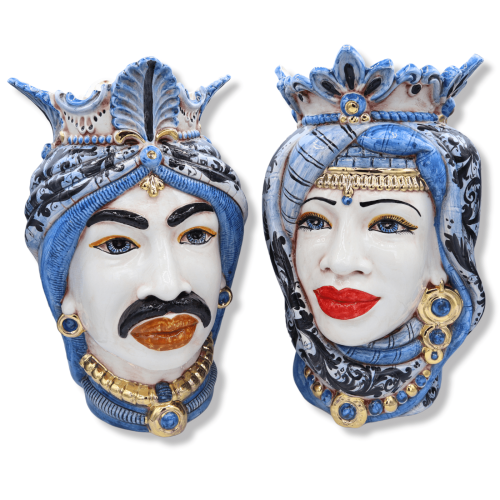 Sizilianische Moorköpfe (Paar) H ca. 38 cm Caltagirone mit Krone und Turban, Dekoration aus dem 17. Jahrhundert, Details aus 24-