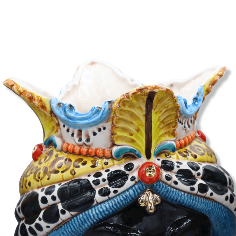 Caltagirone-Mohrenköpfe mit Krone und gepunktetem Turban, mehrfarbig und Details aus 24-Karat-Emaille aus reinem Gold, H