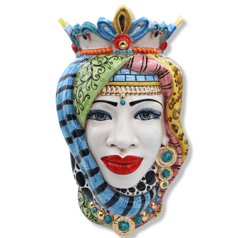 Caltagirone-Mohrenköpfe mit Krone und gepunktetem Turban, mehrfarbig und Details aus 24-Karat-Emaille aus reinem Gold, H