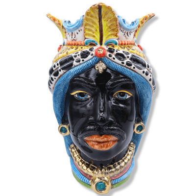 Caltagirone-Mohrenköpfe mit Krone und gepunktetem Turban, mehrfarbig und Details aus 24-Karat-Emaille aus reinem Gold, H