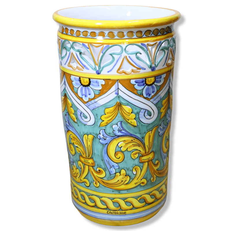Perforated cylindrical umbrella stand in Caltagirone ceramic, Baroque decoration on a verdigris background - height appr
