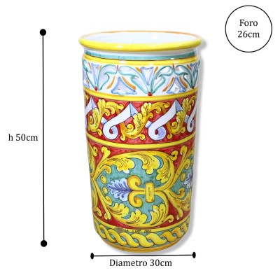 Cylindryczny stojak na parasole z drobno perforowanej ceramiki, wys. ok. 50 cm. Barokowa dekoracja na czerwonym tle - 