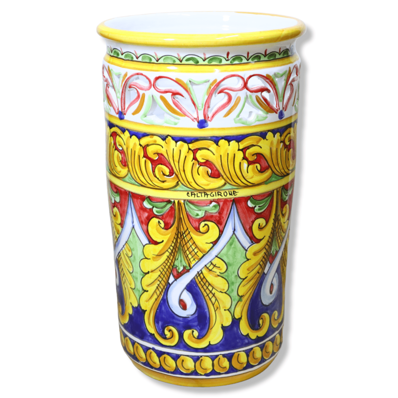 Cylindrical umbrella stand in perforated Caltagirone ceramic, Baroque decoration with red and blue background, height ap