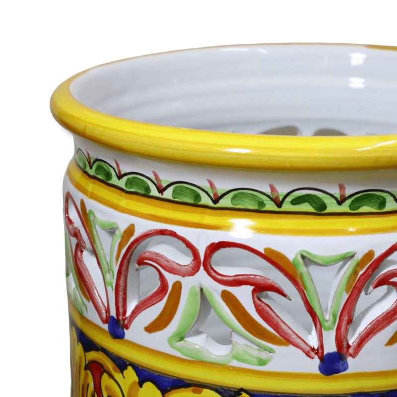 Porta guarda-chuva cilíndrico em cerâmica Caltagirone perfurada, decoração barroca com fundo vermelho e azul, altura apr
