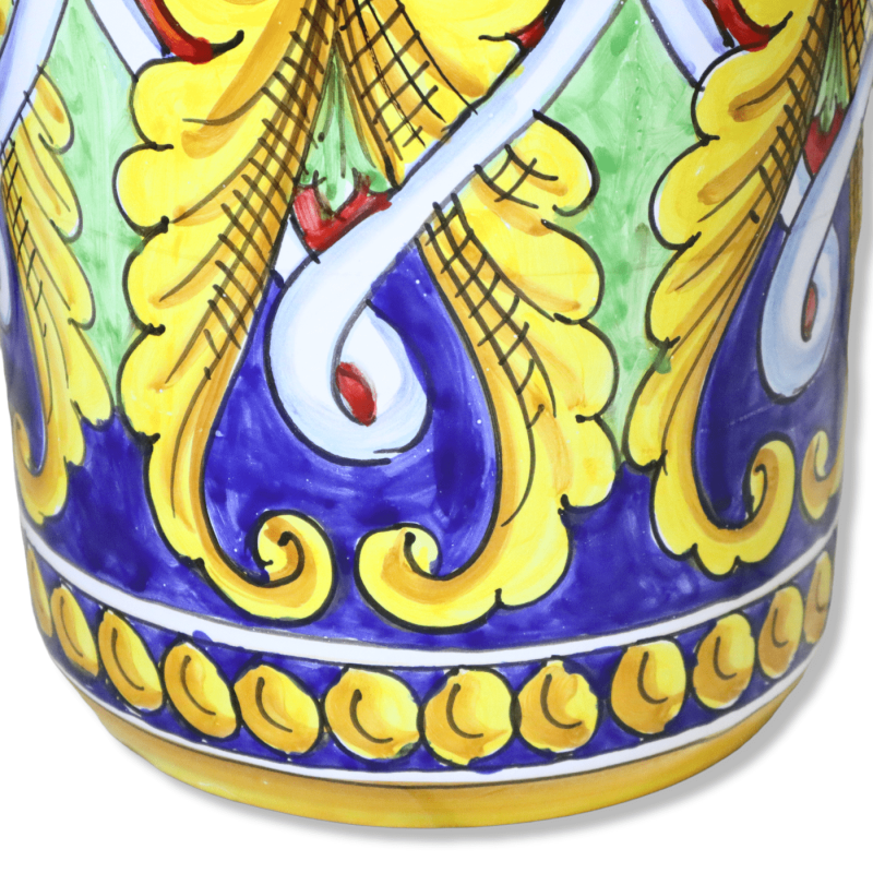 Cylindrical umbrella stand in perforated Caltagirone ceramic, Baroque decoration with red and blue background, height ap