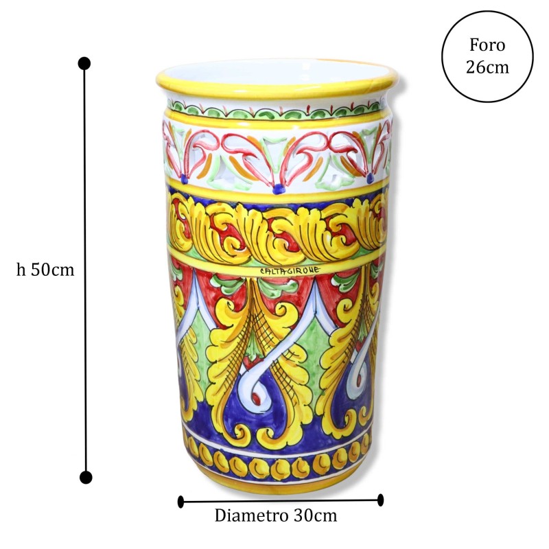 Porta guarda-chuva cilíndrico em cerâmica Caltagirone perfurada, decoração barroca com fundo vermelho e azul, altura apr