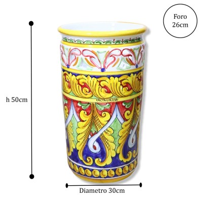Porta guarda-chuva cilíndrico em cerâmica Caltagirone perfurada, decoração barroca com fundo vermelho e azul, altura apr