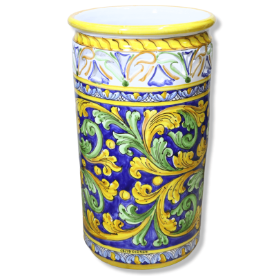 Cylindrical umbrella stand in perforated Caltagirone ceramic, Baroque decoration on a blue background, height approx. 50