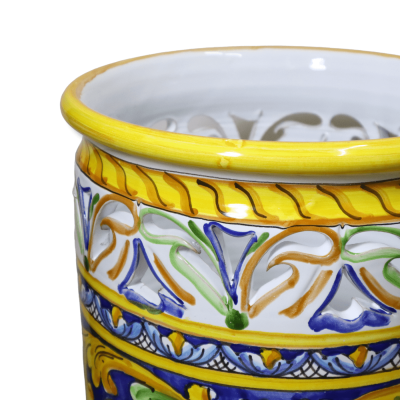 Cylindrical umbrella stand in perforated Caltagirone ceramic, Baroque decoration on a blue background, height approx. 50