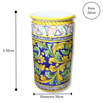 Cylindrical umbrella stand in perforated Caltagirone ceramic, Baroque decoration on a blue background, height approx. 50