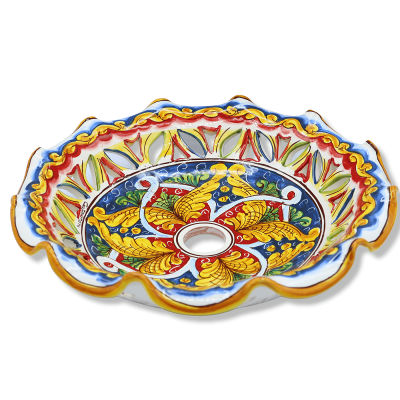 Gewellte und perforierte Caltagirone-Keramik-Kronleuchterplatte, Barockdekor, erhältlich in drei Größen (1 Stück) – Mod 