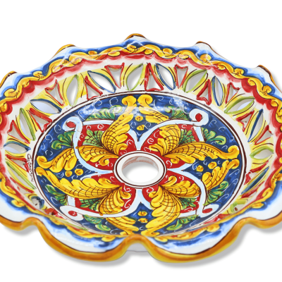 Plaque lustre en céramique Caltagirone, festonnée et ajourée, de différentes tailles (1pc), décoration baroque et ruban 