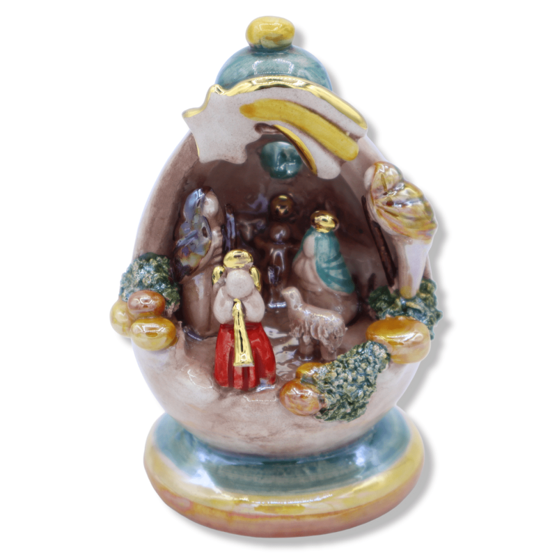 Presepe in ceramica di Caltagirone in uovo, h 11 cm ca. decori in oro zecchino 24k e smalto madreperla - 