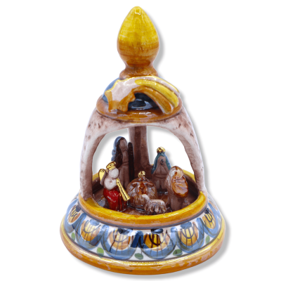 Presepe i fin keramik av Caltagirone i klocka, dekorationer i 24k guld och moder-of-pearl emalj, h14 cm ca. Mod NF - 
