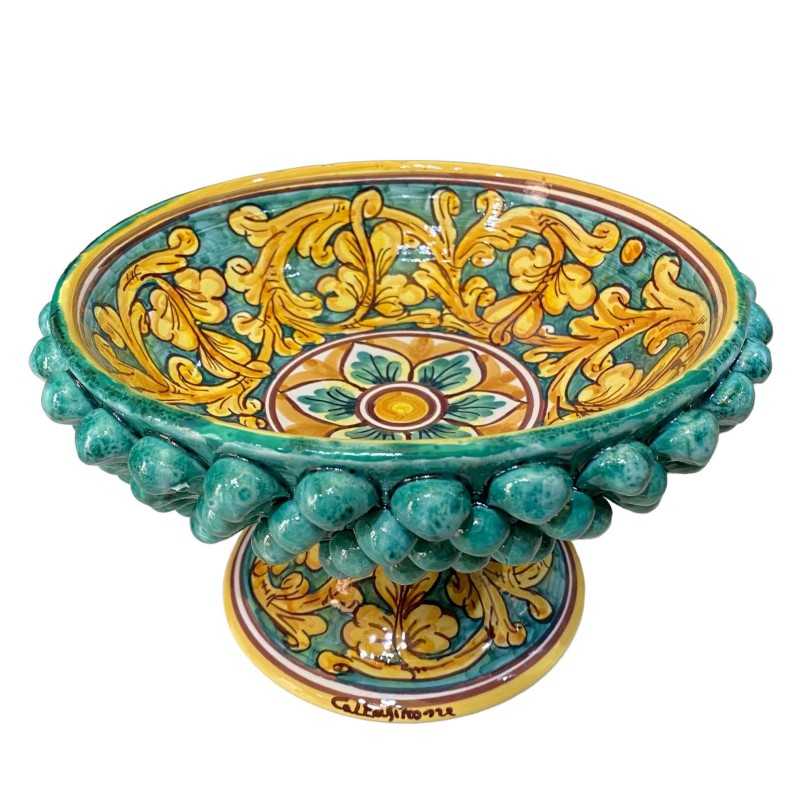 Pigna-Tortenständer aus Caltagirone-Keramik, barockes Dekor auf Grünspan-Hintergrund, Durchmesser 29 cm, Höhe ca. 17 cm.